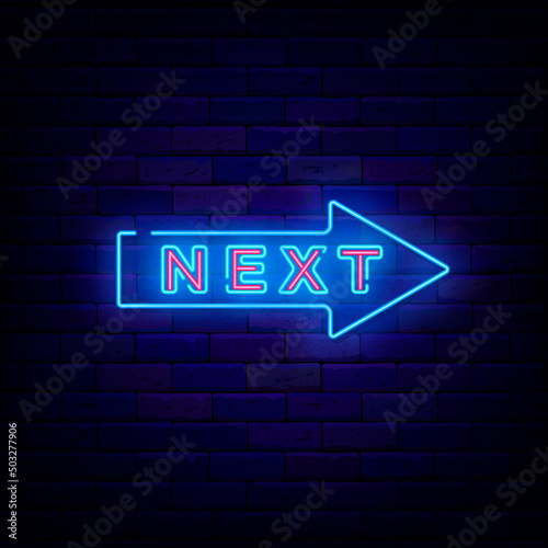 Next text in neon arrow. Game design on brick wall background. Way right pointer. Vector stock illustration