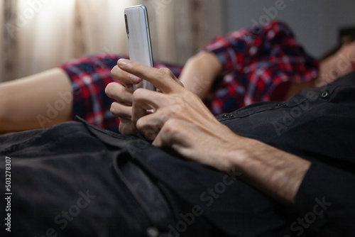 Canvas Print guy cheating on his wife with phone calls