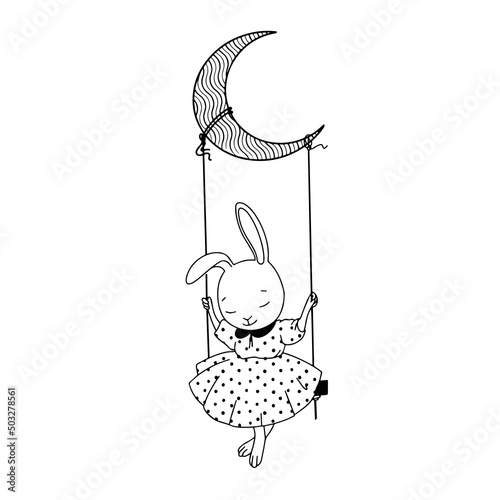 cute sleepy bunny sitting on swing, vector clipart, children's illustration good for card and print design