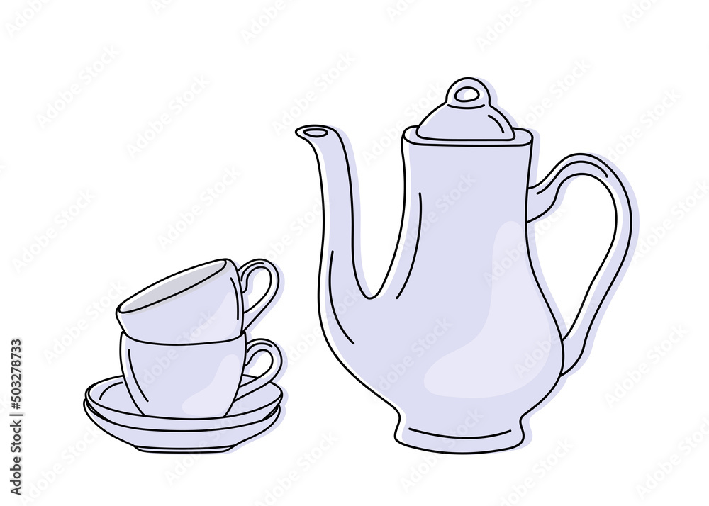 Vector illustration of a hand drawn ceramic teapot and cups isolated on a white background. Vector illustration of a hand drawn ceramic teapot and cups isolated on a white background.