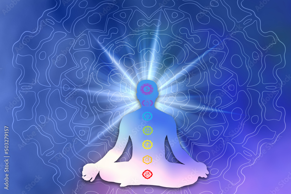 spiritual esoteric background with silhouette of a man in yoga meditation  positiin with chakra chakras healing energy, esoetric, spirit, alternative  colorful, seven.. Stock Illustration | Adobe Stock