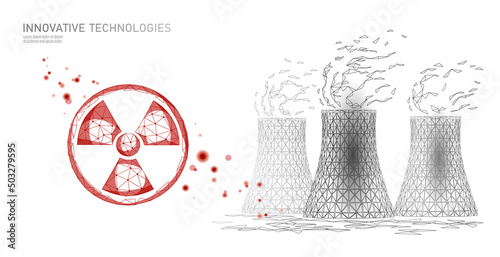Nuclear power station cooling tower low poly. 3d render ecology pollution save planet environment concept triangle polygonal. Radioactive nuclear reactor electricity vector illustration