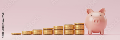 Increase coins stacking with pink piggy bank for web banner design and growth deposit money saving of business investment concept by 3d render illustration.