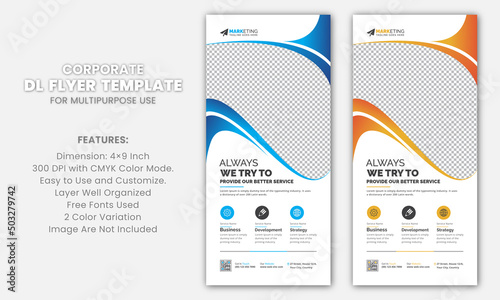 Modern Clean Stylish Gradient Corporate DL Flyer Rack Card Template Creative Unique Design with Blue, Yellow Color