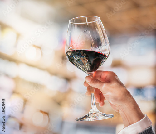 Fototapeta Naklejka Na Ścianę i Meble -  close-up of a hand holding a glass of red wine on a blurred background. concept gastronomy and wine tasting in spain. selective blur and natural light.