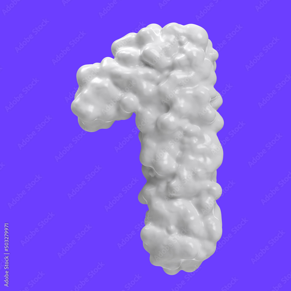 Number 1 made of milk bubbles and splashes, isolated on blue background, 3d rendering