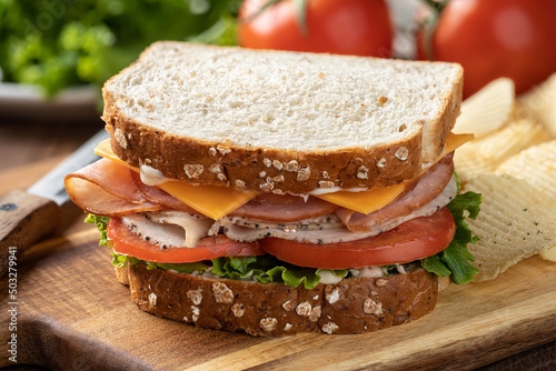 Turkey and ham sandwich on whole grain bread