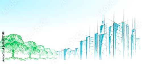 Low poly tree park cityscape. Ecology save nature concept. Eco idea forest in urban skyscrape city. Environmental pollution poster template vector illustration