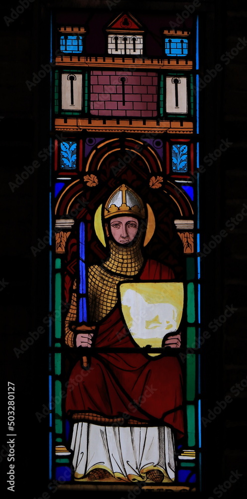 Amsterdam Posthoornkerk Church Stained Glass Window Depicting a Sitting Knight Holding a Sword and a Shield with a Lion Close Up, Netherlands