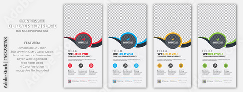 Red, Blue, Yellow and Green Color Corporate DL Flyer Rack Card Template Unique Design with Creative Concept 