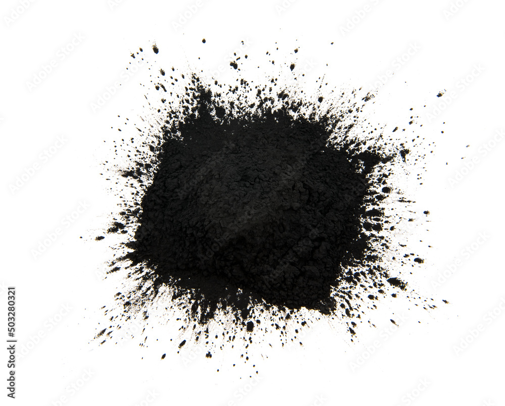 Black toner for a laser printer on a white background. Isolate powder toner. Big black grunge splash