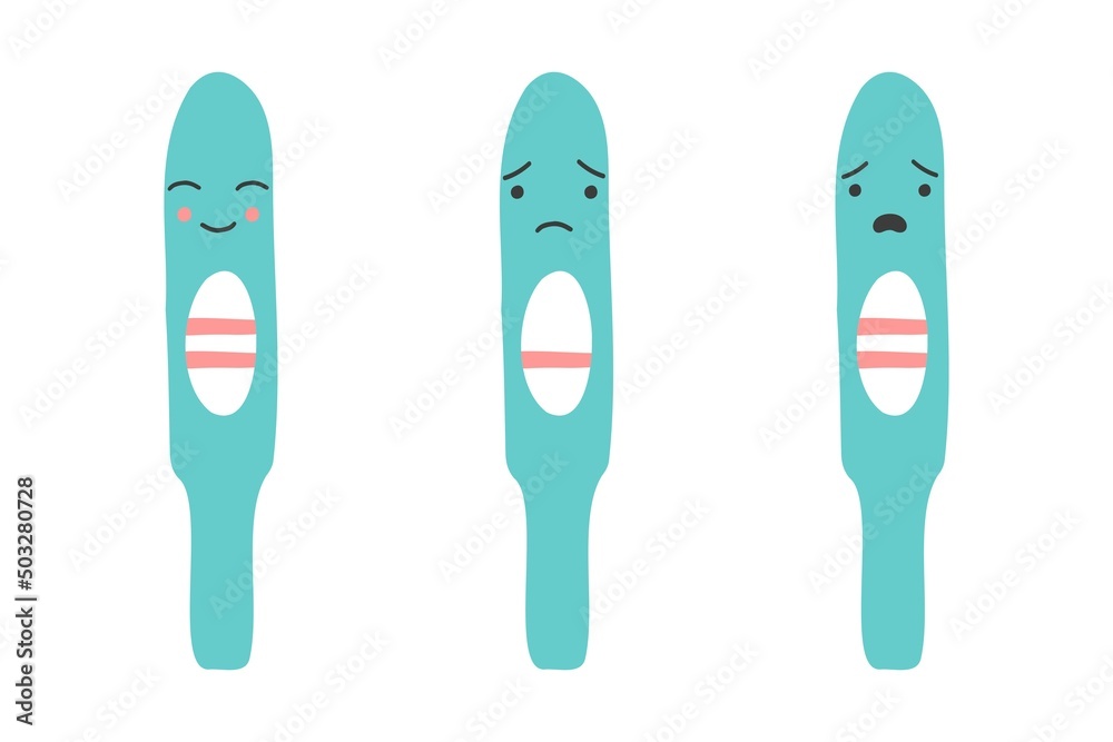 A set of pregnancy test characters with positive and negative results. Pregnancy planning and unexpected pregnancy. 