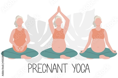 Happy and healthy pregnancy concept. Pregnant woman doing yoga, 3 exercises for health and relaxation. 