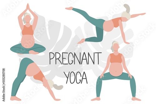 Happy and healthy pregnancy concept. Pregnant woman doing yoga, 4 exercises for health and relaxation. 