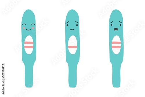 A set of pregnancy test characters with positive and negative results. Pregnancy planning and unexpected pregnancy. 