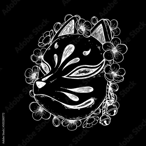 Kitsune mask with sakura flower hand drawn vector illustration. Traditional japanese demon. Tattoo print. Hand drawn illustration for t-shirt print, fabric and other uses.