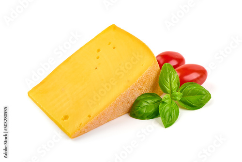Semi-hard cheese with saffron, close-up, isolated on white background.