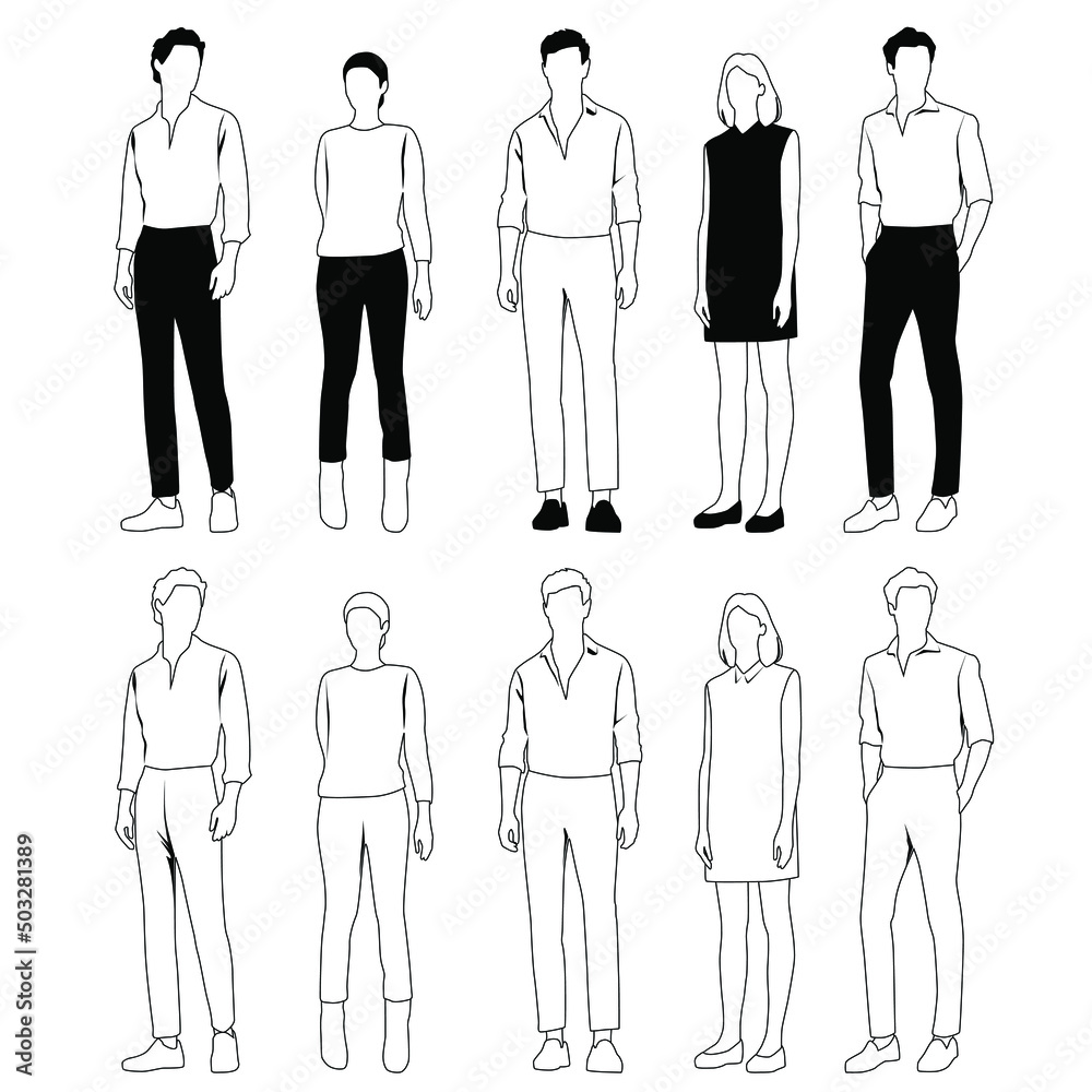 Vector silhouettes of men and a women, a group of standing business people, linear sketch, black and white color isolated on white background Vector silhouettes of men and a women, a group of standing business people, linear sketch, black and white color isolated on white background