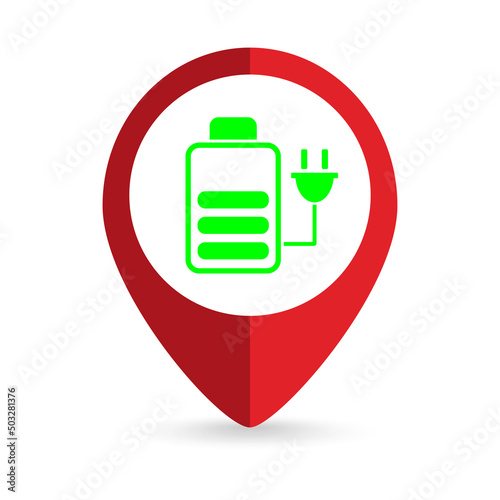 Map pointer with Battery charge indicator icon. Vector illustration.