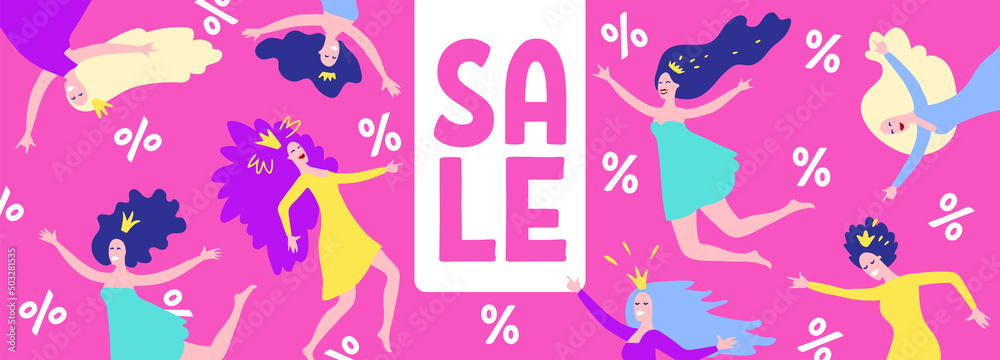 Sale banner. Horizontal template on the theme of sale for women. Concept. Banner, poster, flyer template with sale theme for promotion. Vector illustration with happy girls on pink background. Sale banner. Horizontal template on the theme of sale for women. Concept. Banner, poster, flyer template with sale theme for promotion. Vector illustration with happy girls on pink background.