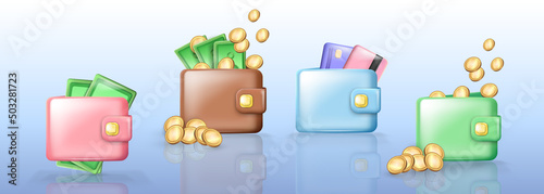Set of cartoon three-dimensional glossy billfolds in different positions. 3d pocketbooks with money inside. Closed shiny wallets with golden coins, plastic credit cards and green banknotes. photo