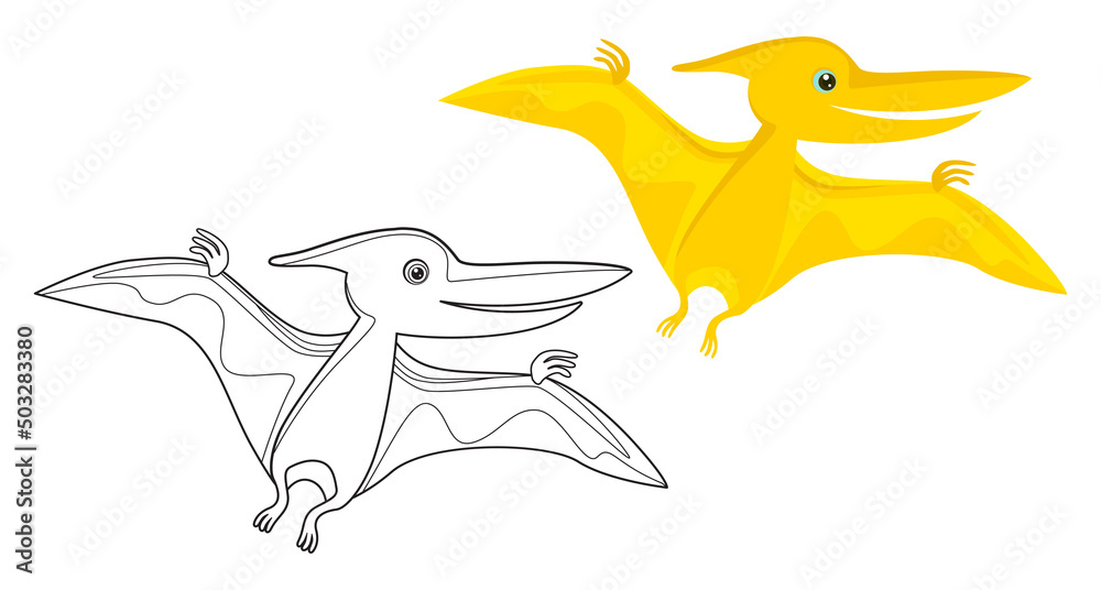 Coloring page outline of cartoon pterodactyl. Funny vector dinosaur ...