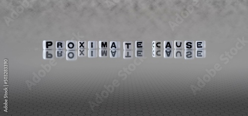 proximate cause word or concept represented by black and white letter cubes on a grey horizon background stretching to infinity