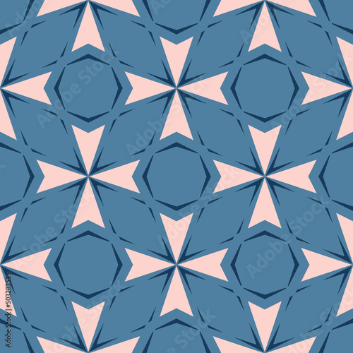 Abstract floral geometric ornament. Simple vector seamless pattern with flower silhouettes, leaves, crosses, arrows, triangles. Elegant background texture in blue and pink color. Repeated geo design