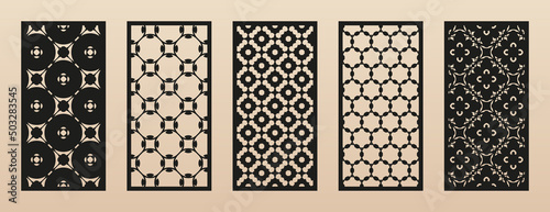 Vector laser cut templates. Modern abstract geometric panels with floral patterns, grid, lattice. Oriental style ornaments. Template for cnc cutting of metal, wood, paper, plastic. Aspect ratio 1:2
