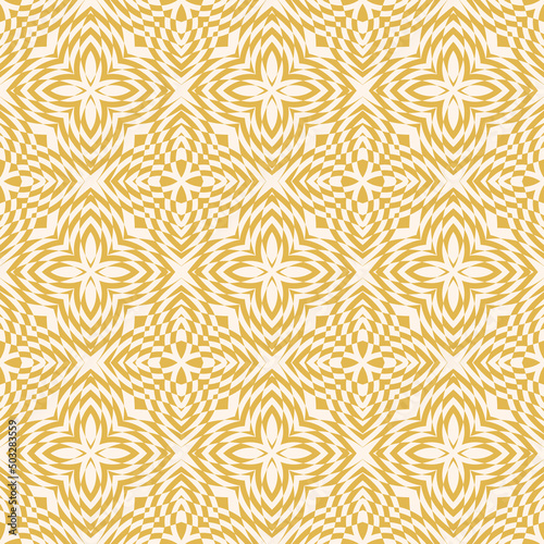 Vector geometric seamless pattern. Abstract yellow and white mosaic ornament. Simple checkered texture with flower silhouettes. Op art. Optical illusion background. Elegant repeat decorative design