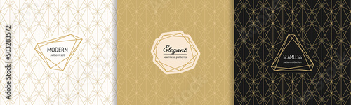 Vector gold minimalist seamless patterns set with modern labels. Elegant gold geometric texture with diamond grid, triangles. Trendy minimal art deco style background. Luxury repeat decorative design