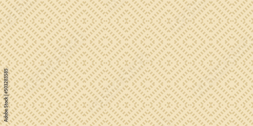 Vector geometric seamless pattern. Gold and yellow color abstract graphic background with squares, rhombuses, grid. Simple wicker texture. Ethnic tribal style ornament. Repeat decorative geo design