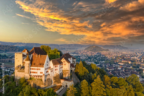 aerial view of a  old castel in the morning sun 