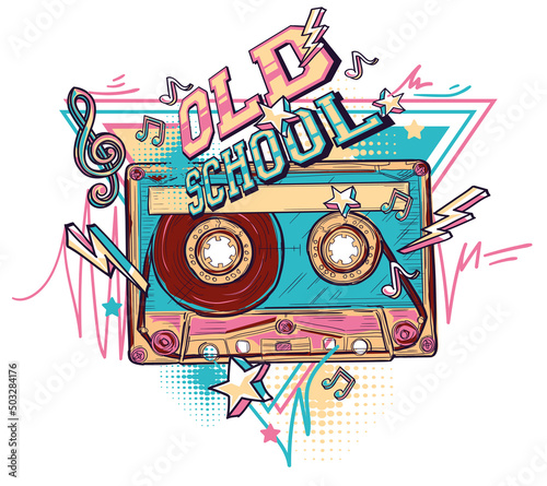 Old school - drawn colorful music audio cassette design