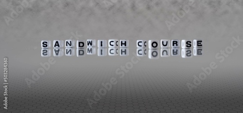 sandwich course word or concept represented by black and white letter cubes on a grey horizon background stretching to infinity