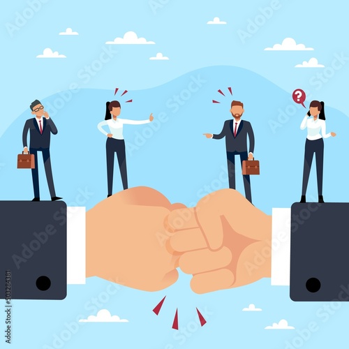 Business disagreements. Conflict of partners, business teams confrontation, different professional opinion, colleagues misunderstanding, employee battle, vector cartoon flat concept