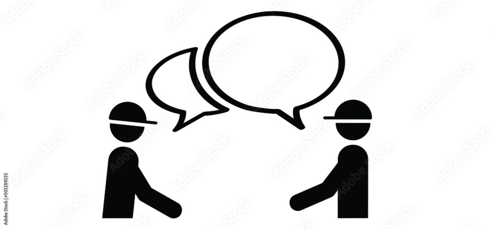 Two cartoon stickman, stick figure man, dialogue, speaking people icon. Talk or chat icon or pictogram. talking, speech bubble symbol