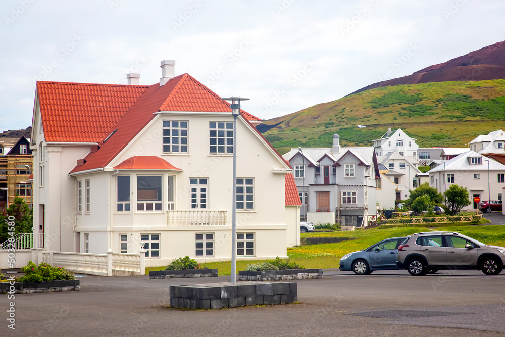 Naklejka premium View of the houses and buildings on the Heimaey Island of the Vestmannaeyjar Archipelago. Iceland