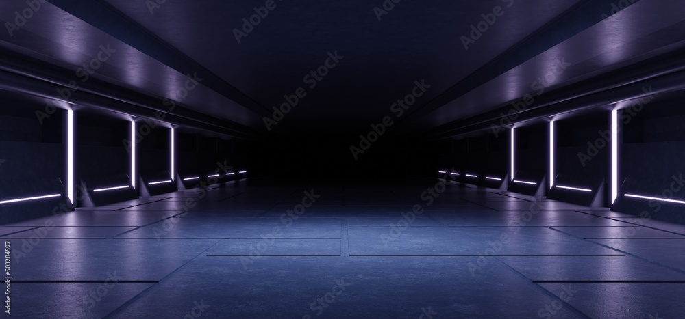 Sci Fi futuristic studio stage dark room in space station with glowing neon lights background.