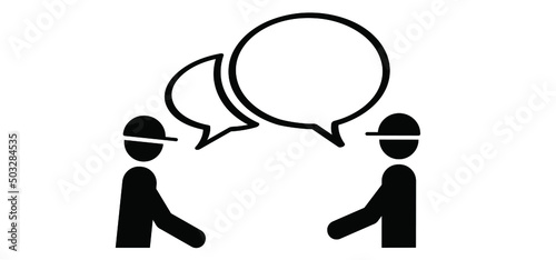 Two cartoon stickman, stick figure man, dialogue, speaking people icon. Talk or chat icon or pictogram. talking, speech bubble symbol