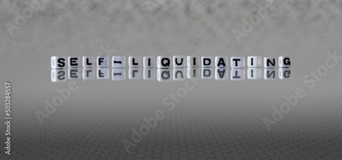self liquidating word or concept represented by black and white letter cubes on a grey horizon background stretching to infinity