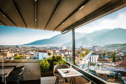 View from rooftop hotel over city of Pejë, Kosovo
