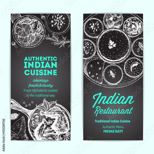 Indian food vintage design template. Banners collection. Vector illustration hand drawn linear art. Indian Cuisine restaurant menu flyers. Hand drawn sketch.