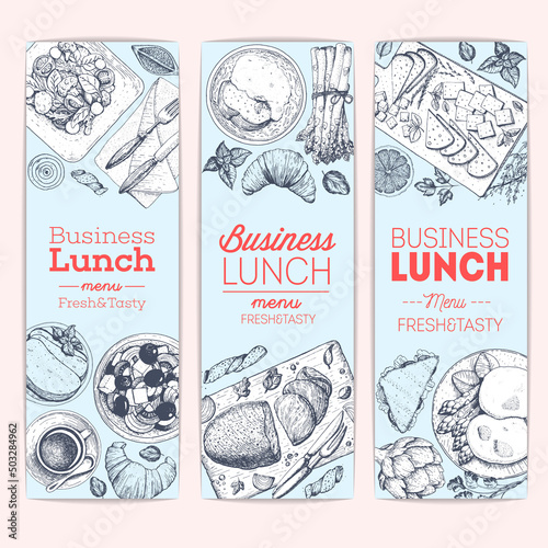 Lunch banner collection. Food menu design. Cafe menu. Vintage hand drawn sketch vector illustration.