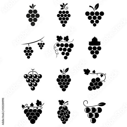 Grape icon set. Bunch of grapes in flat style black color. Berry icon isolated on white background. Logo for wine, champagne, juice. Vector illustration for web design