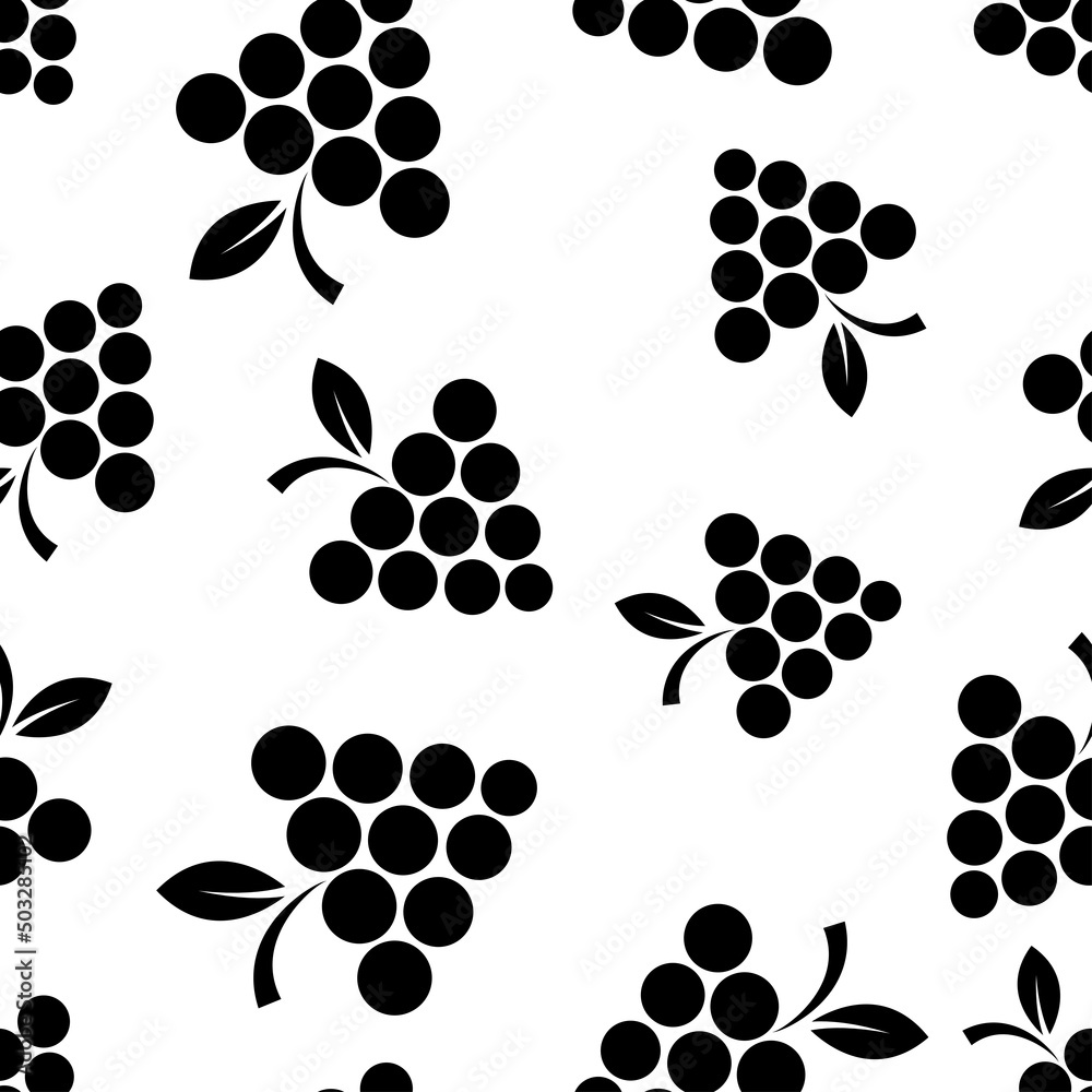 Fototapeta premium Seamless pattern with bunch of grapes. Black sign grape on white background. Berry flat icon. Modern design for print on fabric, wrapping paper, wallpaper, packaging. Vector illustration