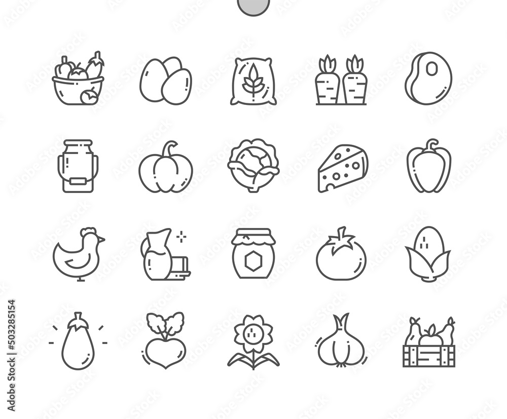 Farm products. Carrot, cheese, tomato and other. Food shop, supermarket. Menu for restaurant and cafe. Pixel Perfect Vector Thin Line Icons. Simple Minimal Pictogram Farm products. Carrot, cheese, tomato and other. Food shop, supermarket. Menu for restaurant and cafe. Pixel Perfect Vector Thin Line Icons. Simple Minimal Pictogram