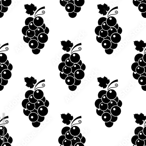 Bunch of grapes seamless pattern. Black sign wild berries and leaves on white background. Grapes flat icon. Design for print on fabric, wrapping paper, packaging with grapevine. Vector illustration