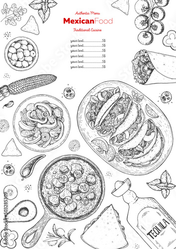 Mexican food top view frame. A set of classic mexican dishes with tacos, burrito, quesadillas, fajitas. Food menu design template. Vintage hand drawn sketch vector illustration. Mexican cuisine.
