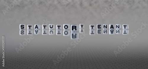 statutory tenant word or concept represented by black and white letter cubes on a grey horizon background stretching to infinity